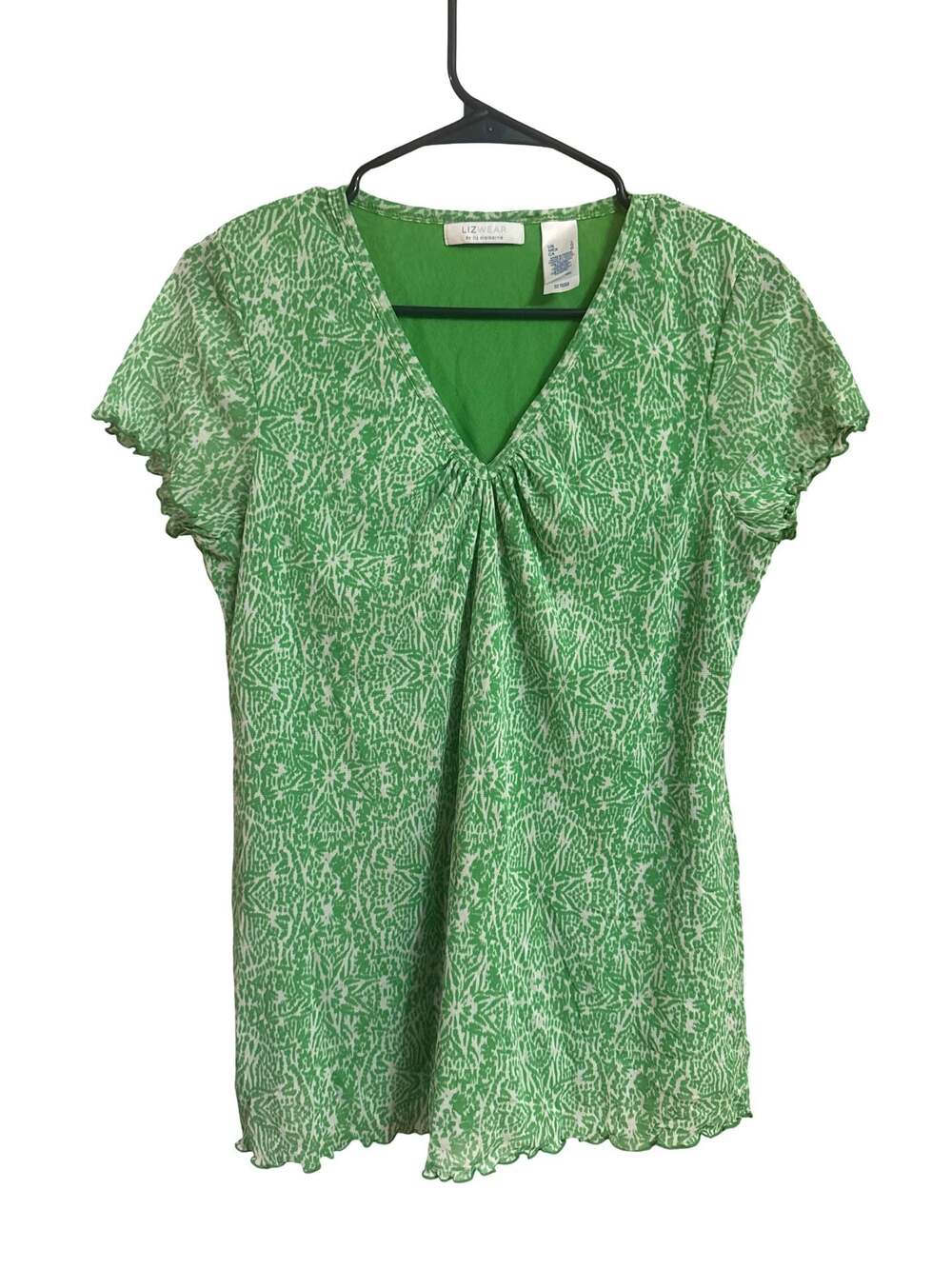 Lizwear Top Pull-On V-Neck Lined Ruffled Hem Short Sleeve Green/White Size M
